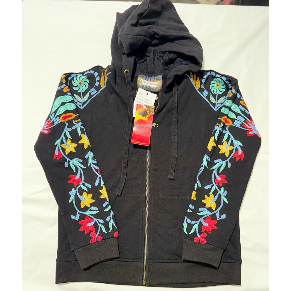Vintage Collection Black Full Zip Hooded Floral Embroidered Hoodie Pockets S
